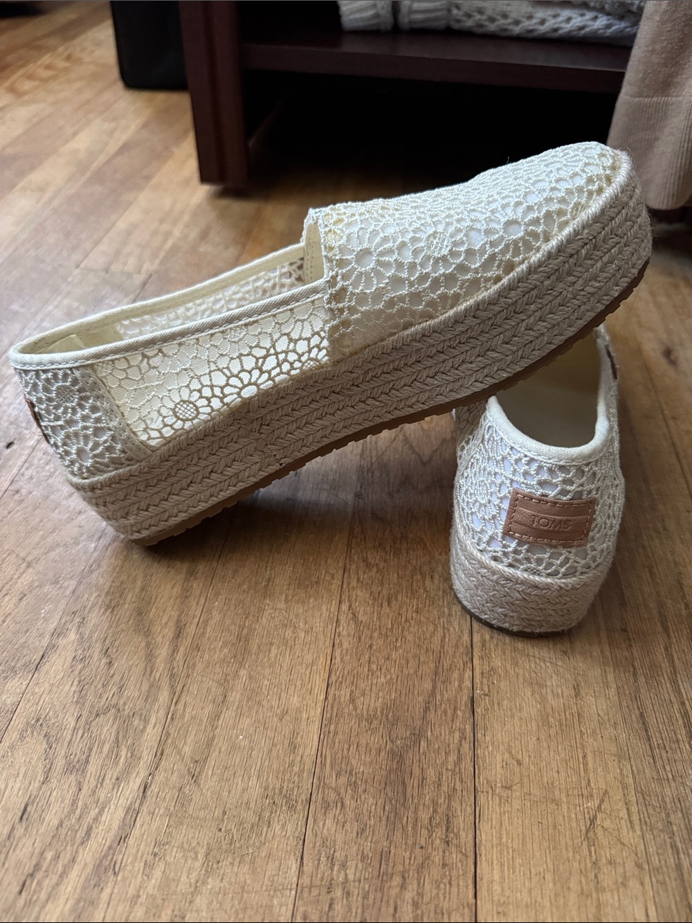 TOMS Cream Crochet Platform Espadrilles